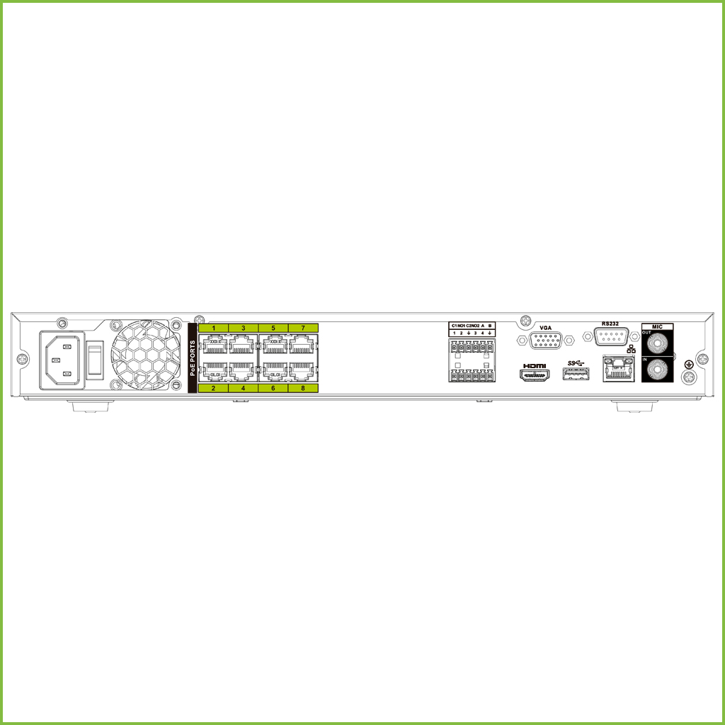 NVR 16ch 320Mbps H265 HDMI 8PoE (8ePoE/EoC) 2HDD E/S AI