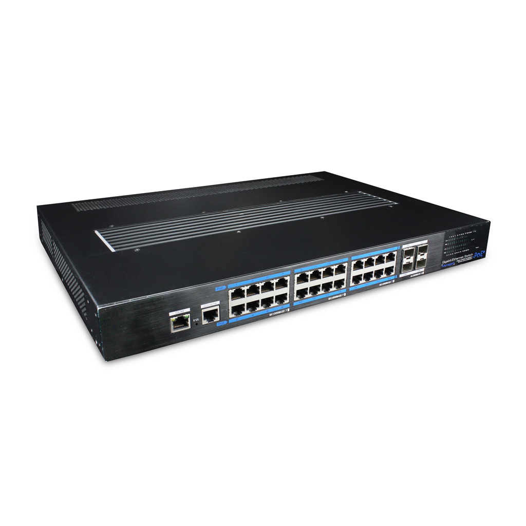 Switch Fast-Ring PoE+ 24 puertos Gigabit + 4 Uplink SFP Gigabit 350W 802.3af/at Manejable Layer 3 - Fan-Less