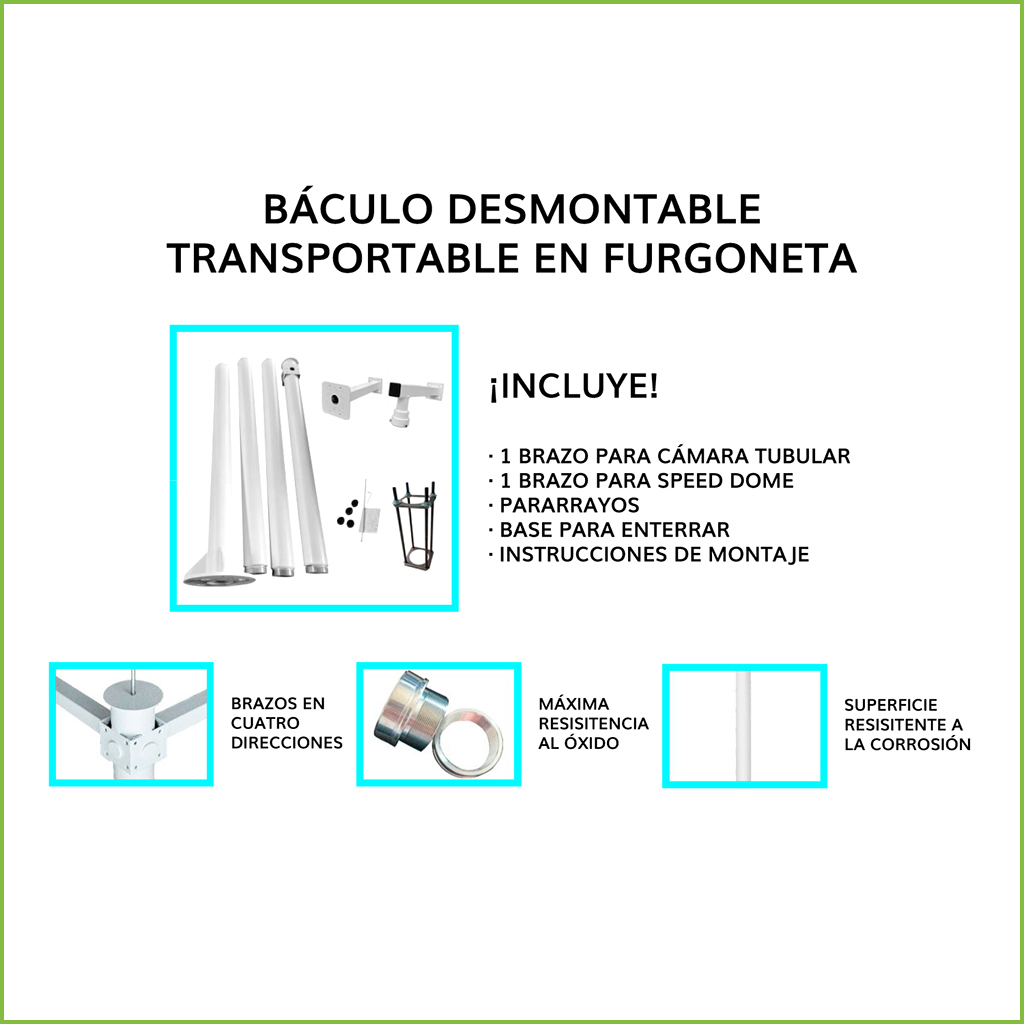 Báculo desmontable de 6m de altura en acero galvanizado de color blanco con soporte para cámara y speed dome