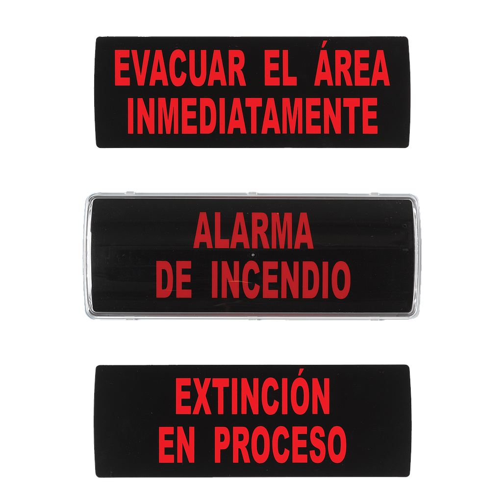 Rótulo evacuación con zumbador de 90dB. Caja de plástico 3 insertables incluidos. IP41