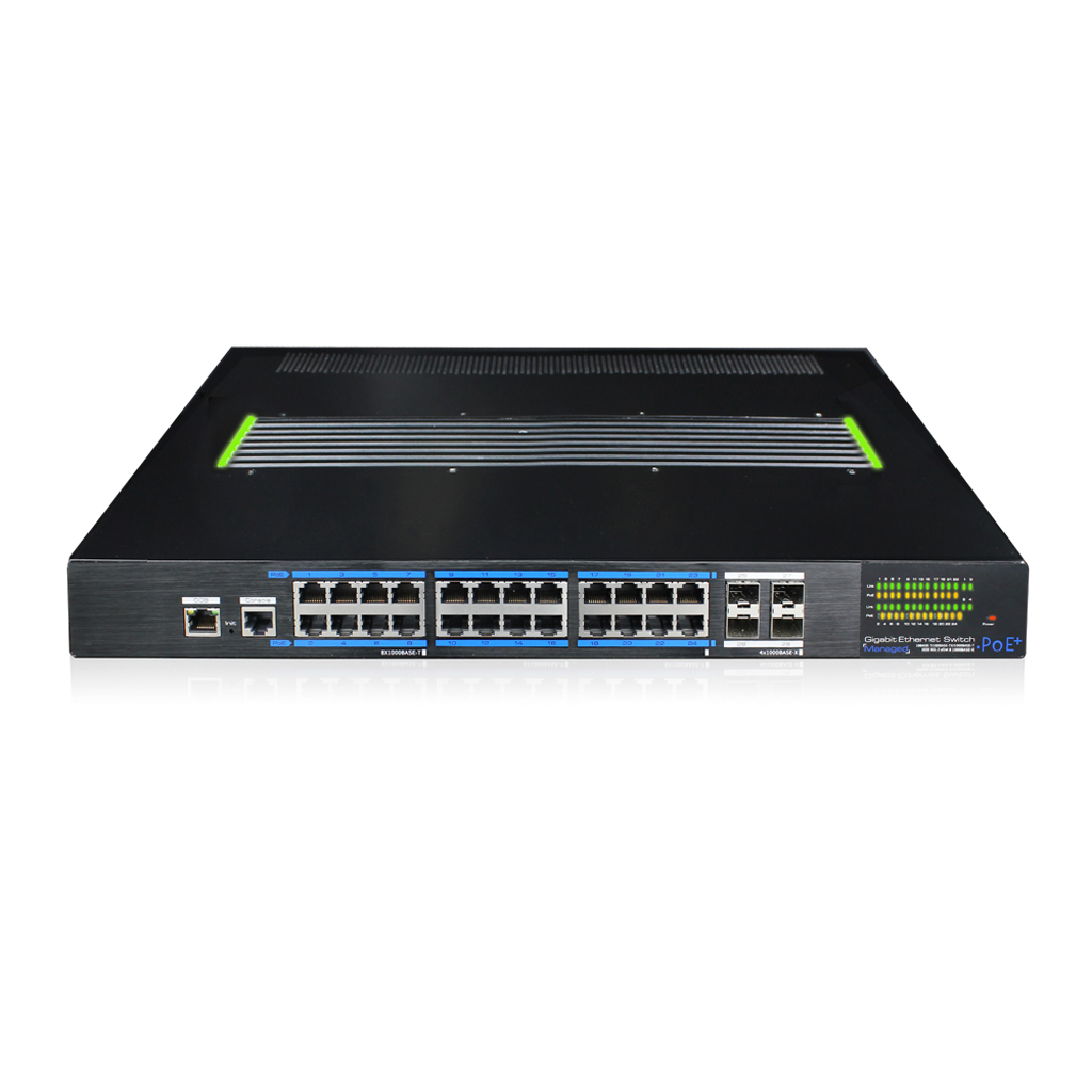 Switch Fast-Ring PoE+ 24 puertos Gigabit + 4 Uplink SFP Gigabit 350W 802.3af/at Manejable Layer 3 - Fan-Less