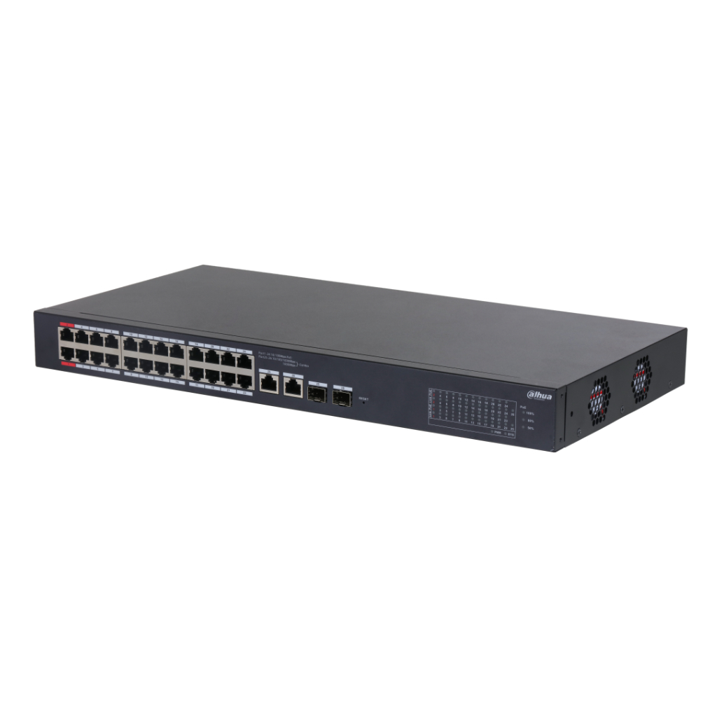 Switch PoE 24 puertos 10/100 + 2 Combo Gigabit RJ45/SFP Uplink 240W Manejable en Cloud Layer2