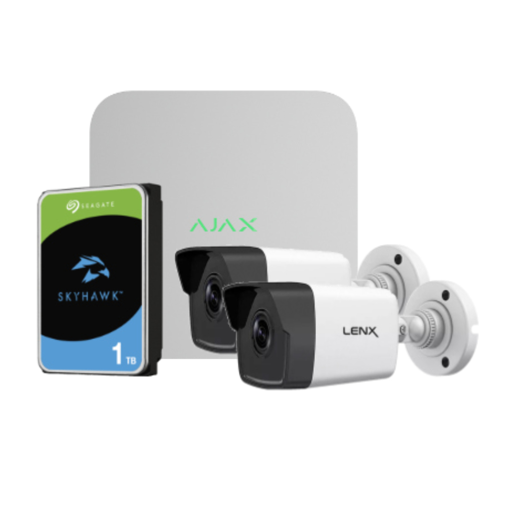 Kit Videovigilancia Ajax-Lenx compuesto por: 1 NVR 8ch Ajax + 2 Cámaras Lenx Tubulares 2MP 2.8mm + 1 HDD SATA 1TB