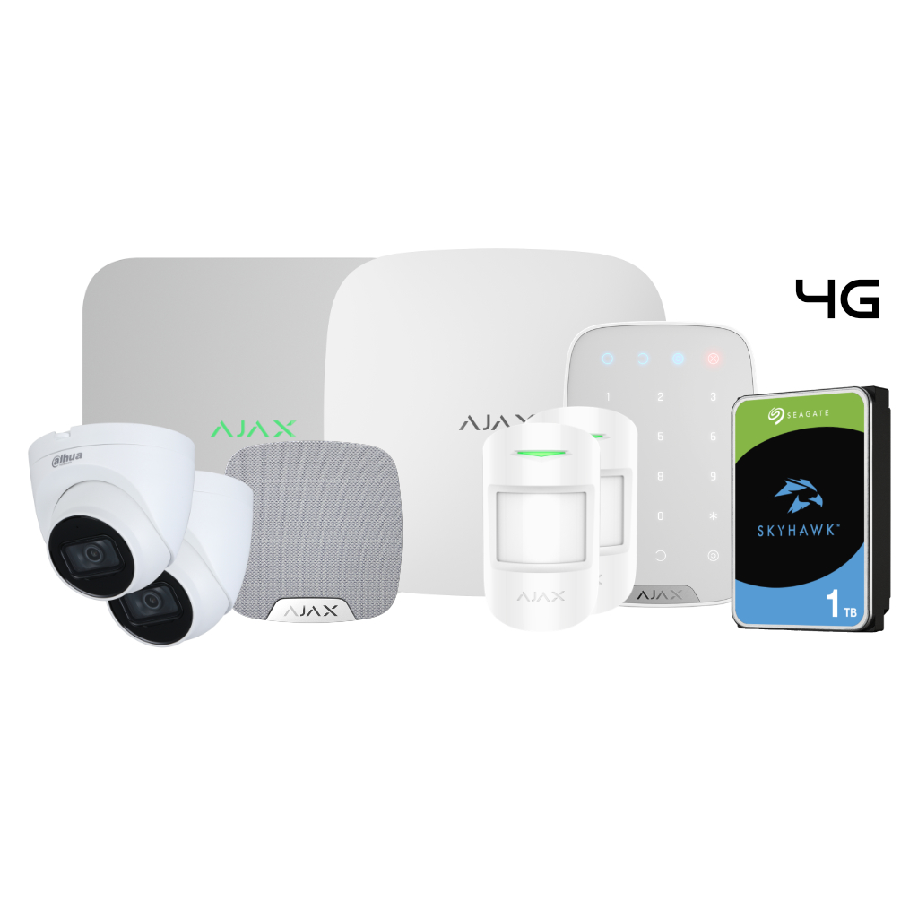 Kit Ajax-Dahua compuesto por: 1 Hub 2 4G + 1 Keypad + 2 MotionProtect + 1 HomeSiren + 1 NVR 8ch Ajax + 2 Cámaras Dahua Domos 2MP 2.8mm + 1HDD SATA 1TB