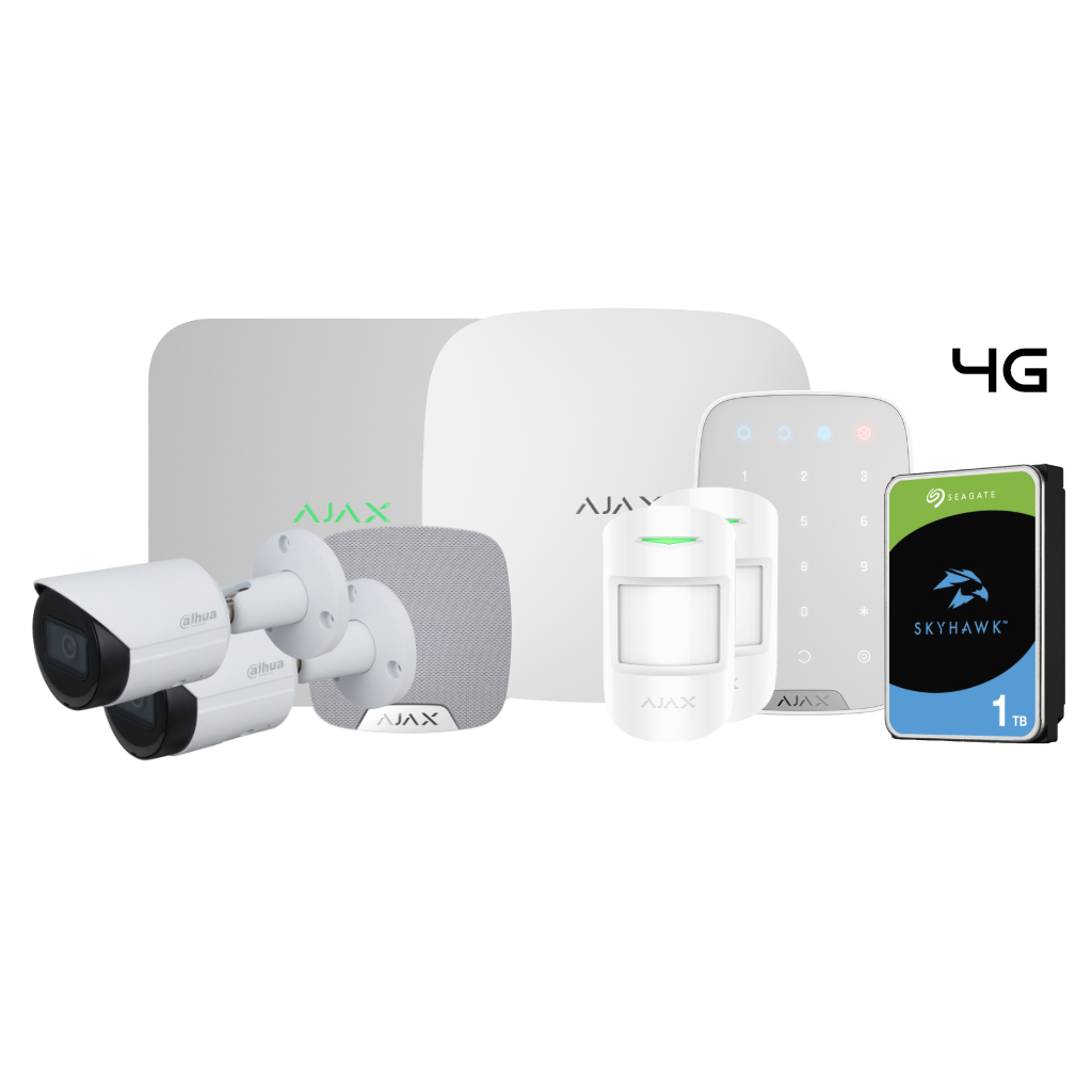 Kit Ajax-Dahua compuesto por: 1 Hub 2 4G + 1 Keypad + 2 MotionProtect + 1 HomeSiren + 1 NVR 8ch Ajax + 2 Cámaras Dahua Tubulares 2MP 2.8mm + 1HDD SATA 1TB