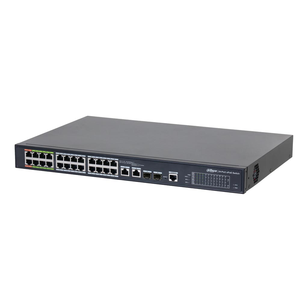 Commutateur EPoE 24 ports 10/100 (8 ePoE / EoC + 16 PoE) + 2 combinés de liaison montante Gigabit / SFP 802.3at 360W administrable Couche 2 - Mode ePoE 800m