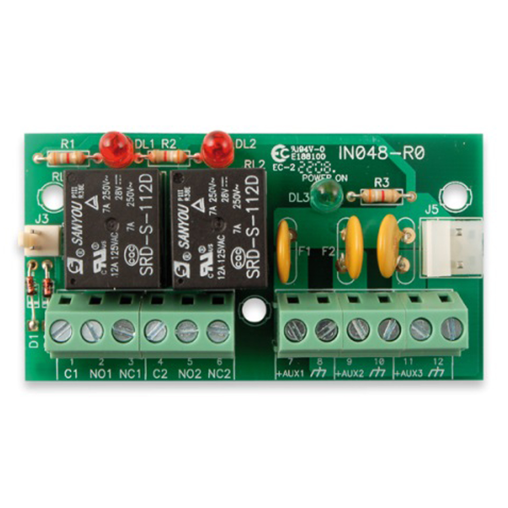 [AUXREL32] Módulo de 2 salidas de relé y distribución de alimentación en 3 salidas de 12V, 1A. Grado 3