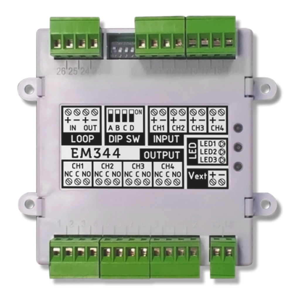 [EM344S] Módulo de 4 entradas (2 configurables como zona convencional) y 4 salidas supervisadas, con aislador
