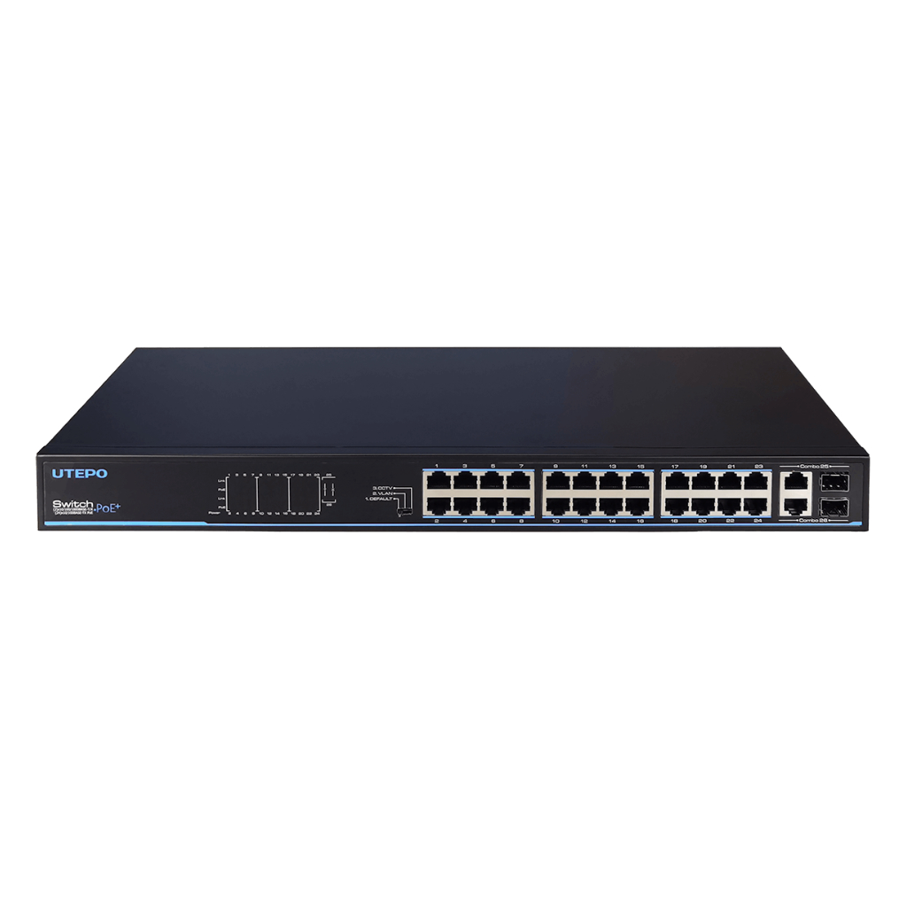 [UTP3226TS-PSB225] Switch PoE+ Watchdog 24 puertos 10/100 + 2 Uplink Gigabit Combo (RJ45/SFP)225W 802.3af/at 6KV - Modo CCTV 250m