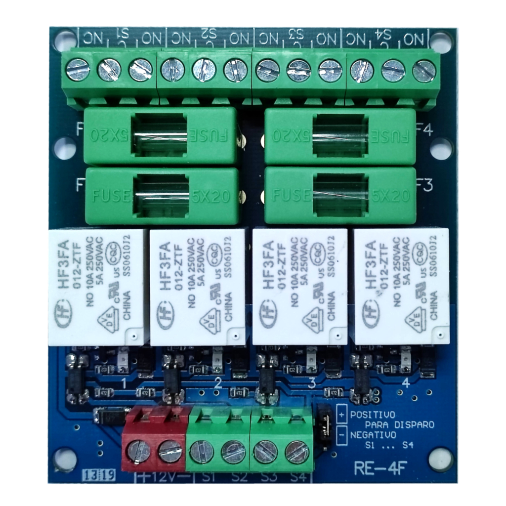 [RE-4F] Modulo 4 relés con fusible. Alimentación a 12v