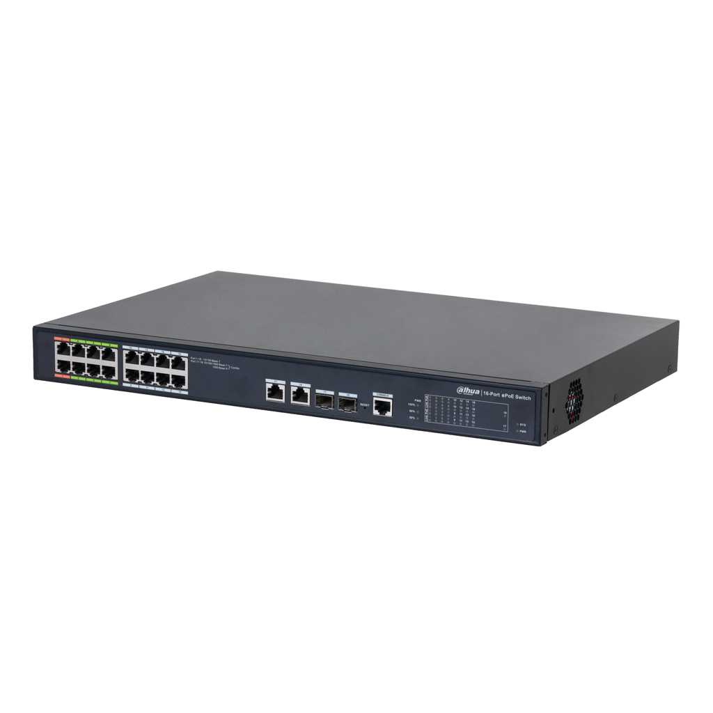 [LR2218-16ET-240] Switch ePoE 16 puertos 10/100 (8 ePoE/EoC + 8 PoE) + 2 Uplink Combo Gigabit/SFP 802.3at 240W Manejable Layer 2 - Modo ePoE 800m