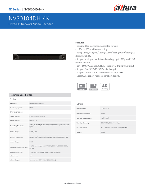 NVS0104DH-4K - Ficha Técnica Dahua