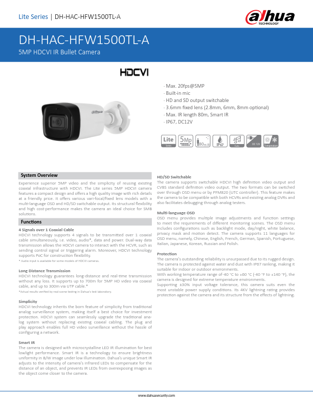 HAC-HFW1500TL-A - Ficha Técnica Dahua