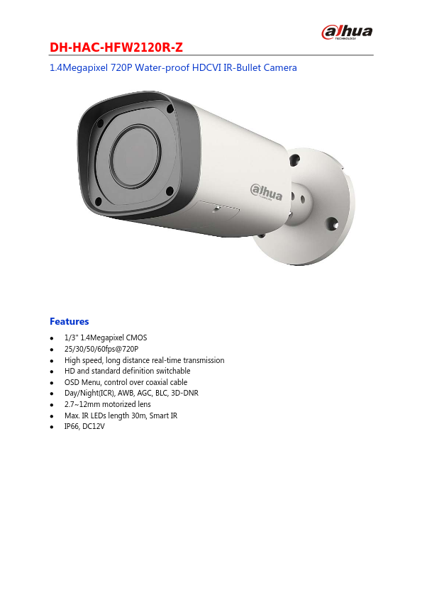 HAC-HFW2120R-Z - Ficha Técnica Dahua