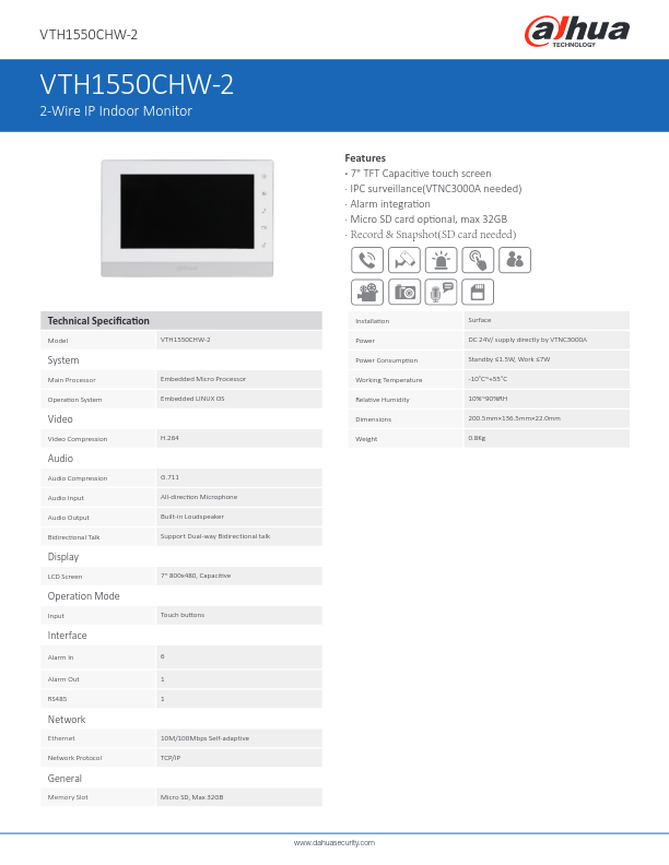VTH1550CHW-2 - Ficha Técnica Dahua