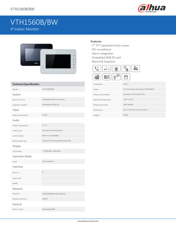 VTH1560BW - Ficha Técnica Dahua