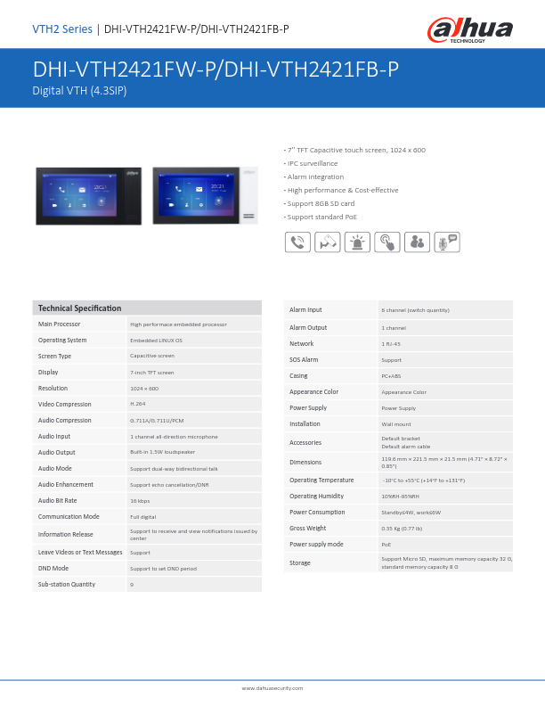 VTH2421FB(W)-P - Ficha Técnica Dahua