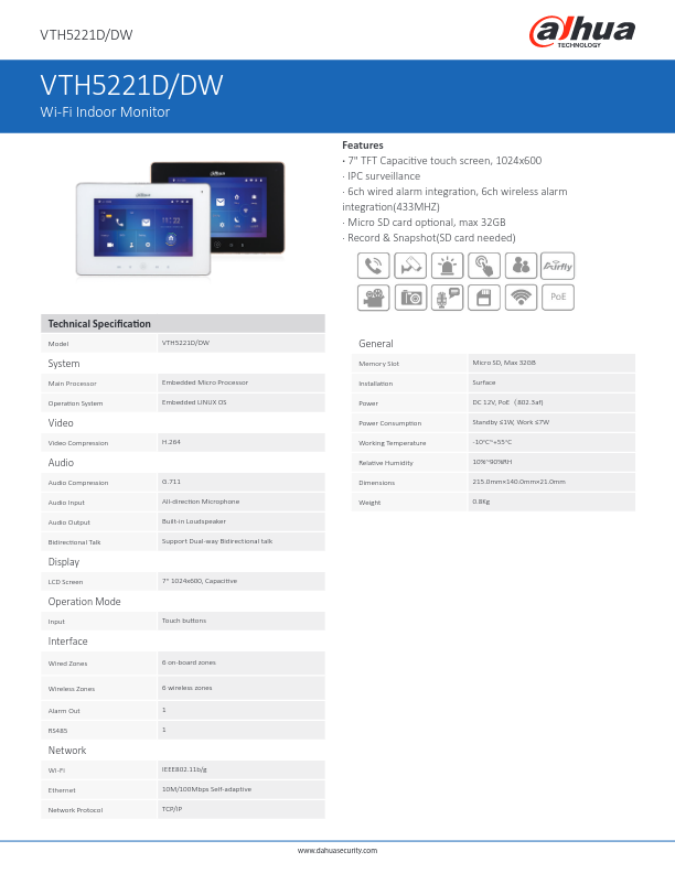 VTH5221D-(DW) - Ficha Técnica Dahua