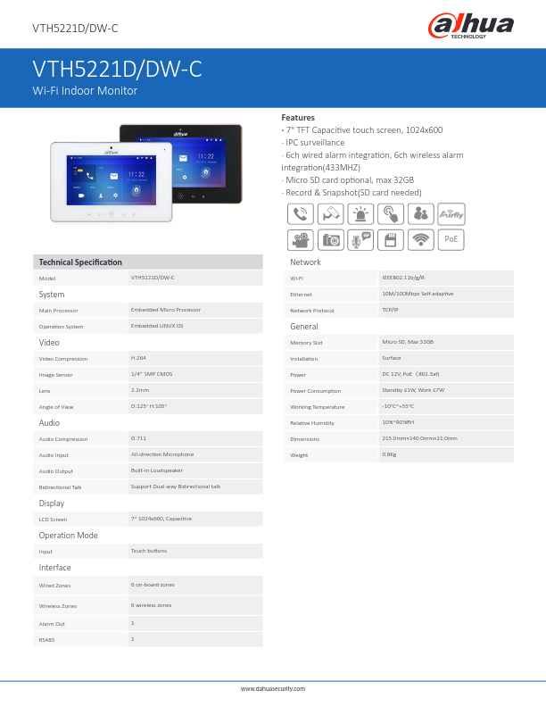 VTH5221D-C - Ficha Técnica Dahua
