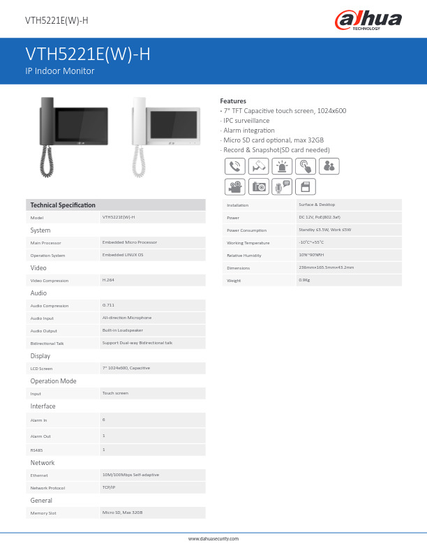 VTH5221E(W)-H - Ficha Técnica Dahua