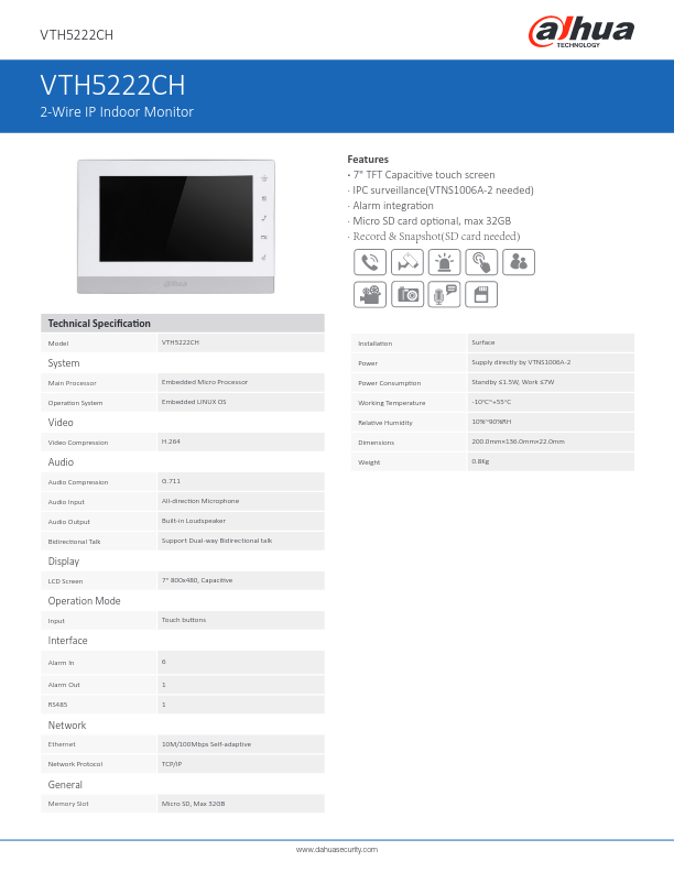 VTH5222CH - Ficha Técnica Dahua