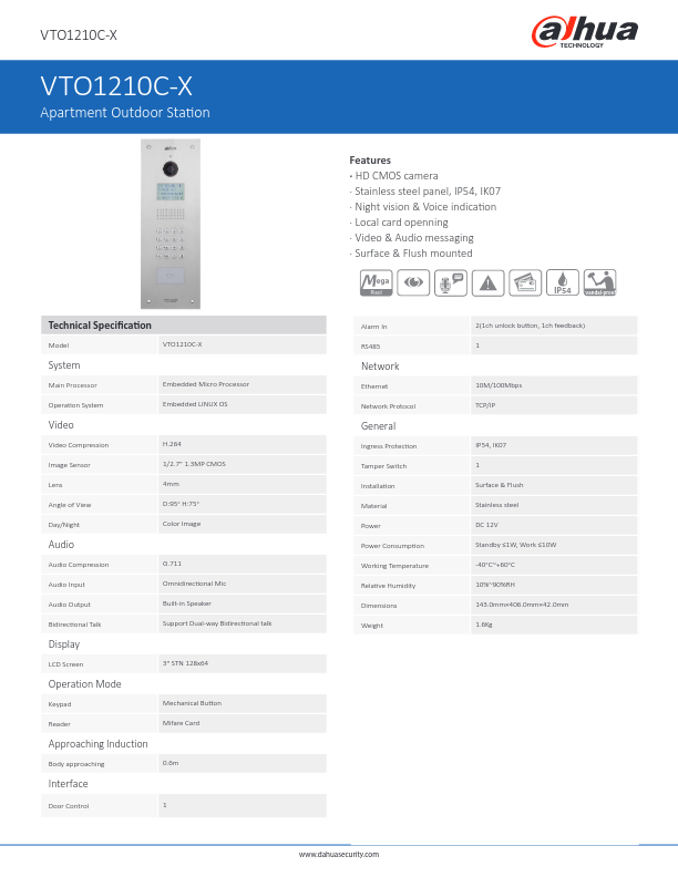 VTO1210C-X - Ficha Técnica Dahua
