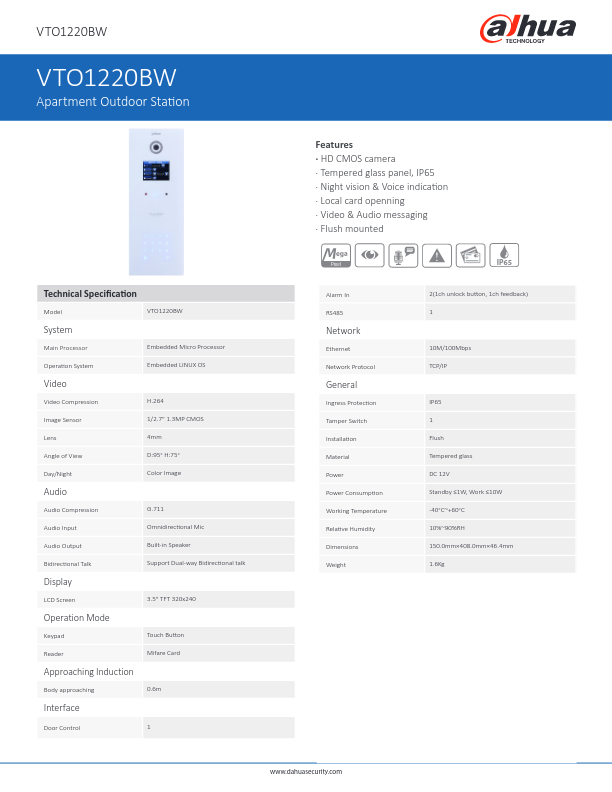 VTO1220BW - Ficha Técnica Dahua