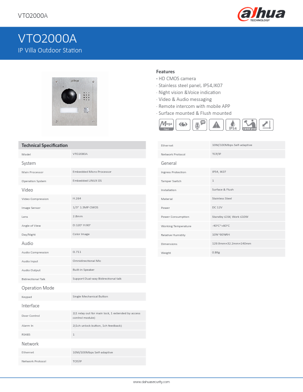 VTO2000A - Ficha Técnica Dahua