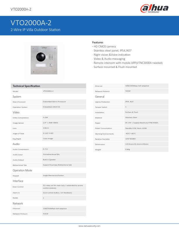 VTO2000A-2 - Ficha Técnica Dahua