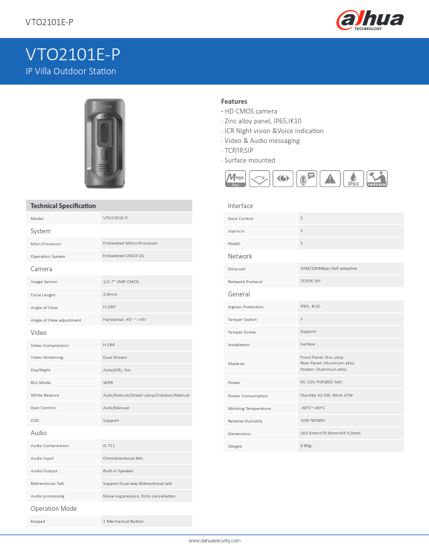 VTO2101E-P - Ficha Técnica Dahua