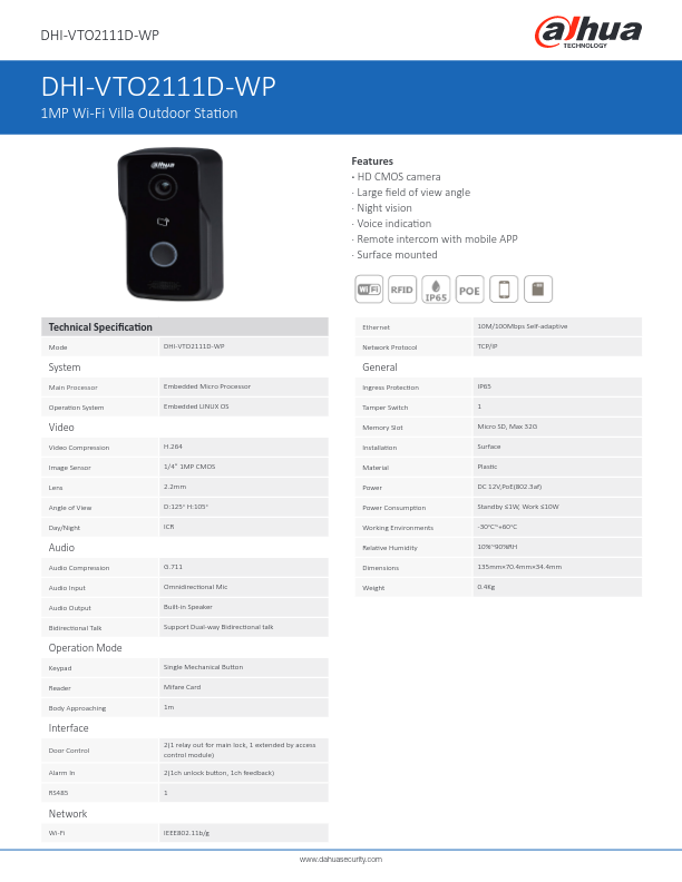 VTO2111D-WP - Ficha Técnica Dahua