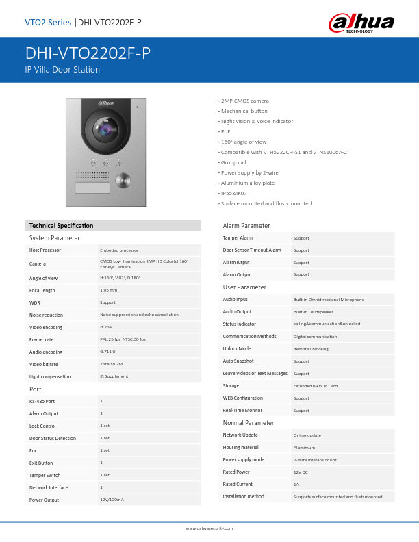 VTO2202F-P - Ficha Técnica Dahua
