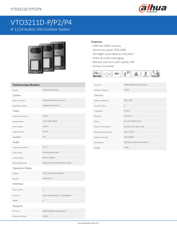 VTO3211D-P(2/4) - Ficha Técnica Dahua