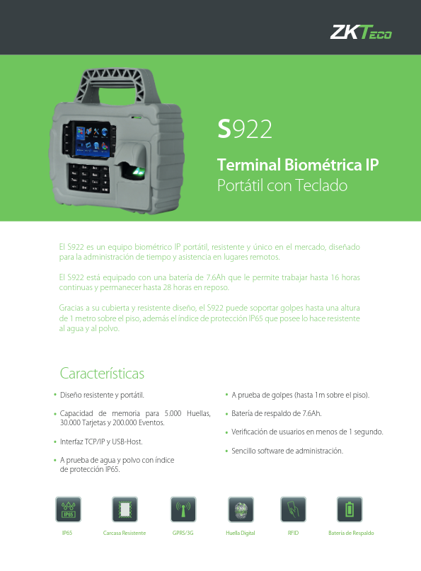 TA-S922-G1-W - Ficha Técnica ZKTeco