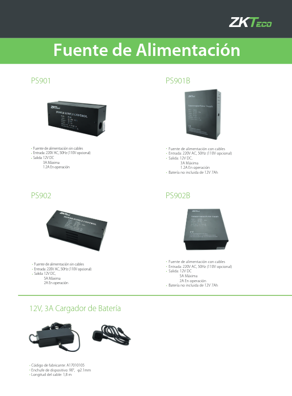 Fuentes-Alimentación - Ficha Técnica ZKTeco