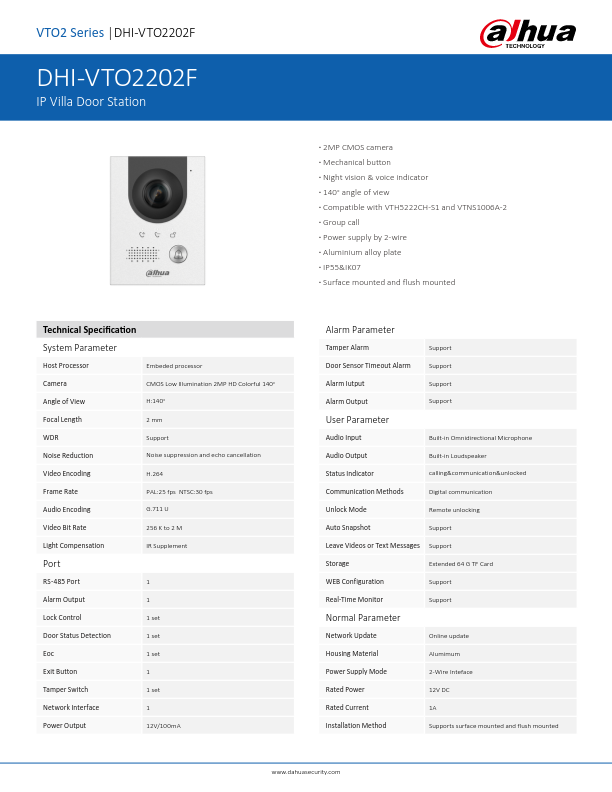 VTO2202F - Ficha Técnica Dahua