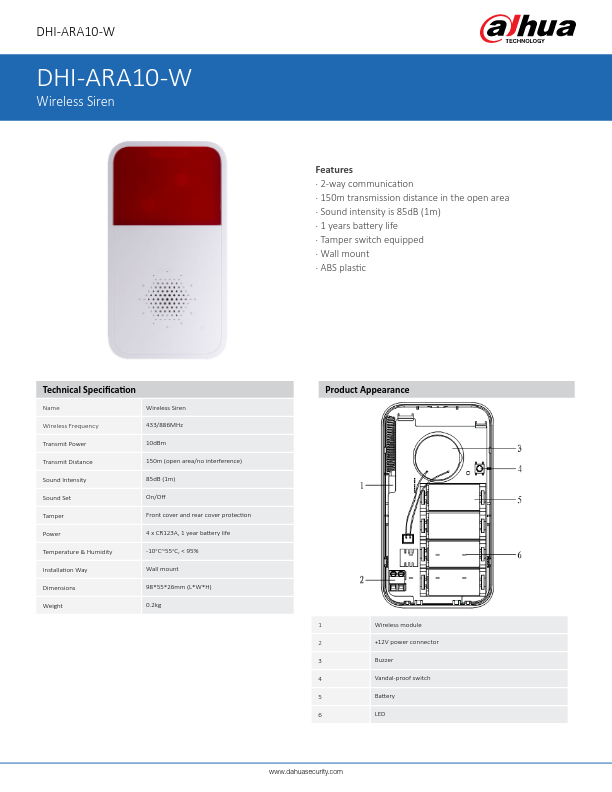 ARA10-W - Ficha Técnica Dahua