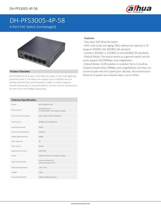PFS3005-4P-58 - Ficha Técnica Dahua