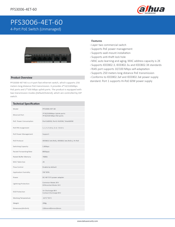 PFS3006-4ET-60 - Ficha Técnica Dahua