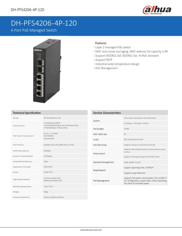 PFS4206-4P-120 - Ficha Técnica Dahua
