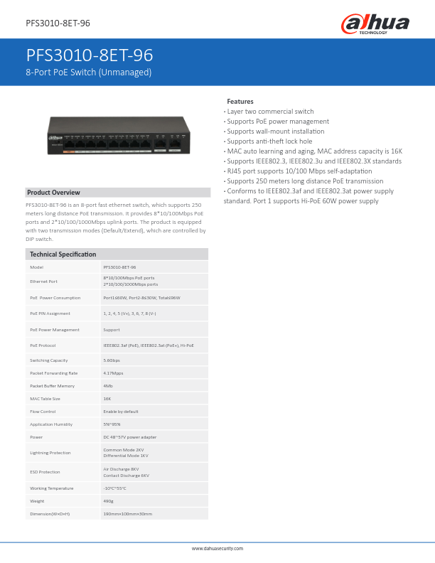 PFS3010-8ET-96 - Ficha Técnica Dahua