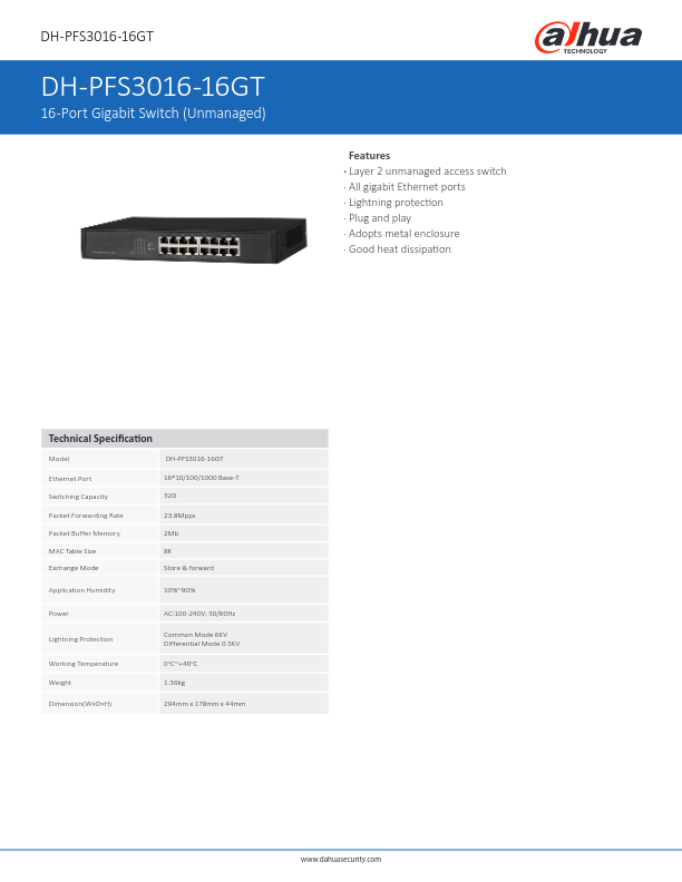 PFS3016-16GT - Ficha Técnica Dahua