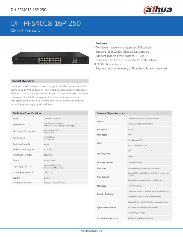 PFS4018-16P-250 - Ficha Técnica Dahua