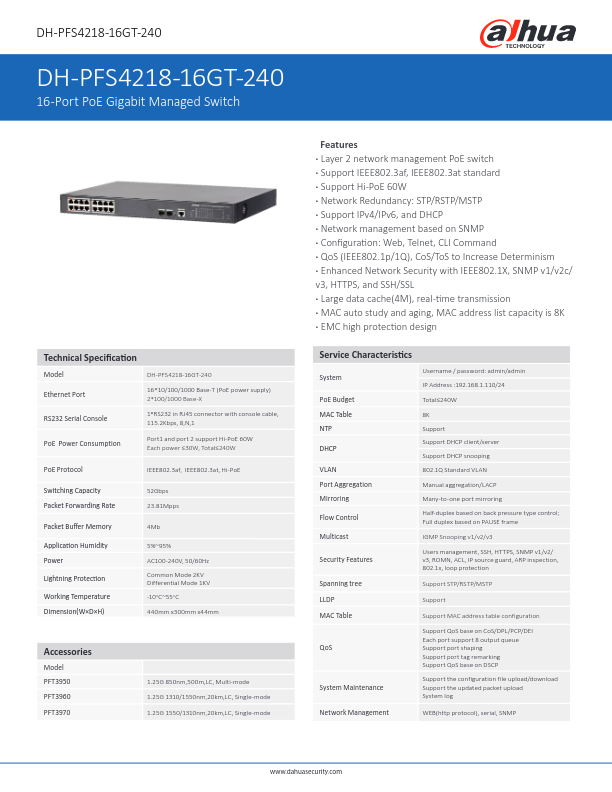 PFS4218-16GT-240 - Ficha Técnica Dahua