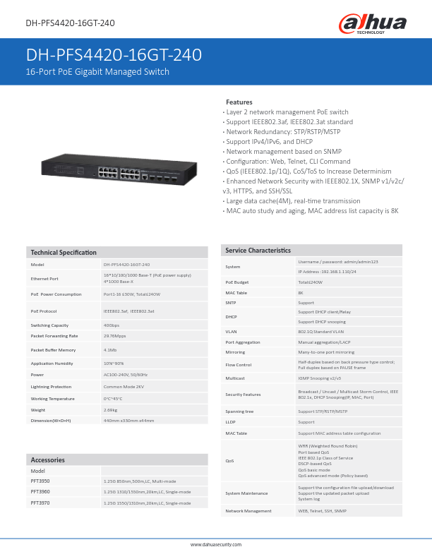 PFS4420-16GT-240 - Ficha Técnica Dahua