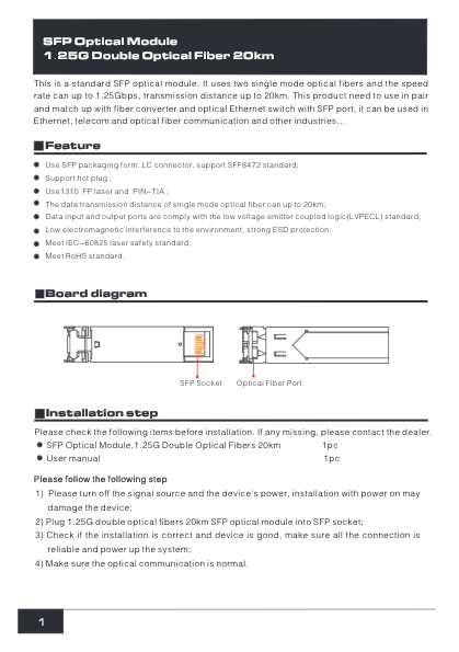 SFP-1.25G-20KM - Ficha Técnica UTEPO