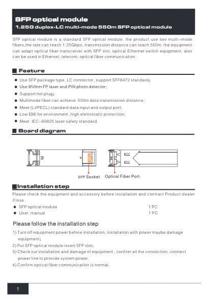 SFP-1.25G-550M - Ficha Técnica UTEPO