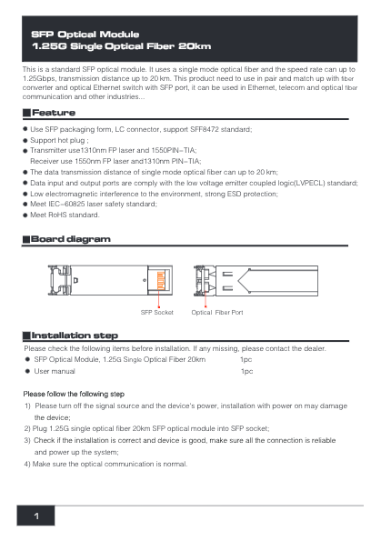 SFP-1.25G-20KM-SC-I-TX - Ficha Técnica UTEPO