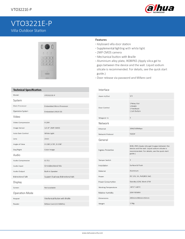 VTO3221E-P - Ficha Técnica Dahua