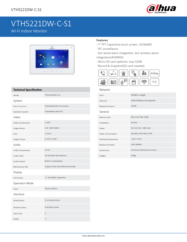 VTH5221DW-C-S1 - Ficha Técnica Dahua